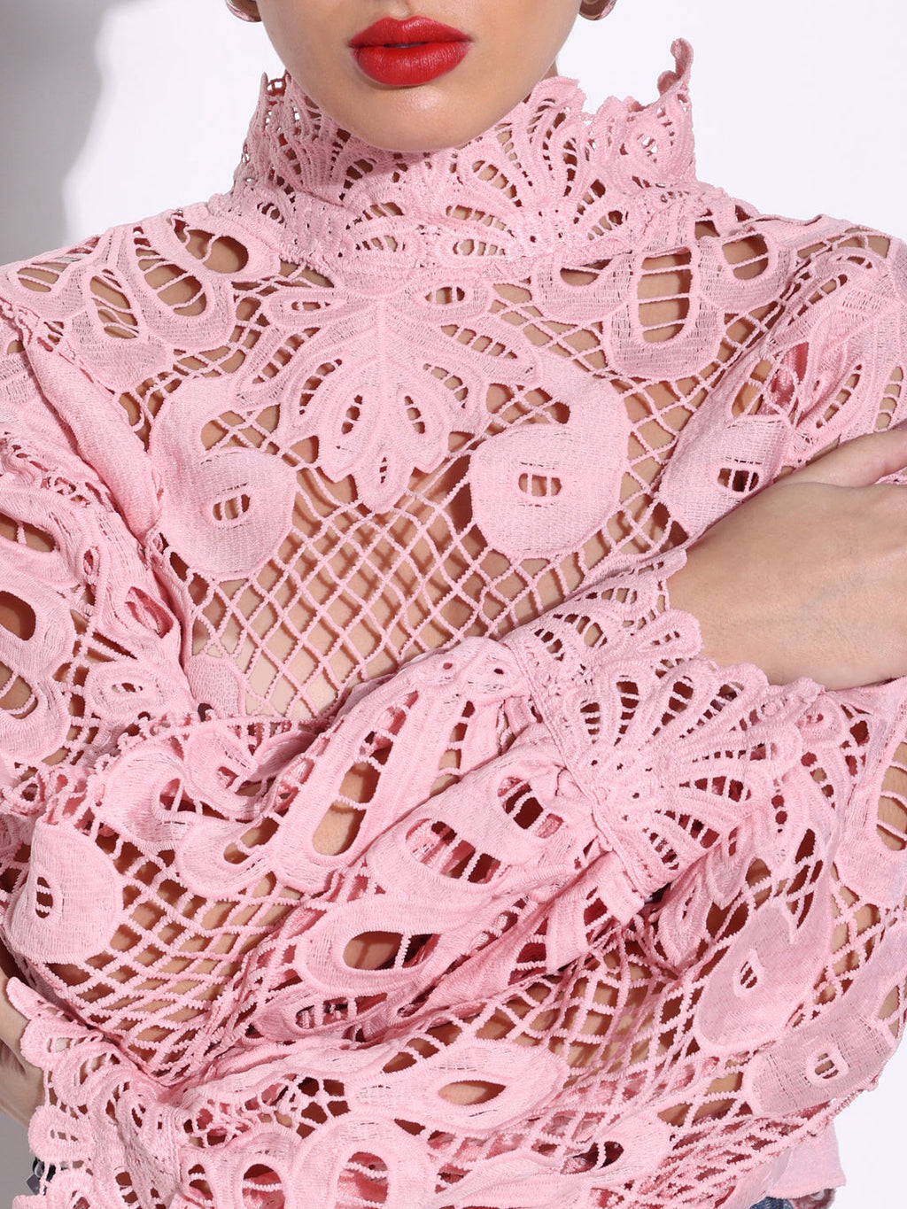 Women's Embroidered Peach High Neck Lace Top with Cut Out Detail