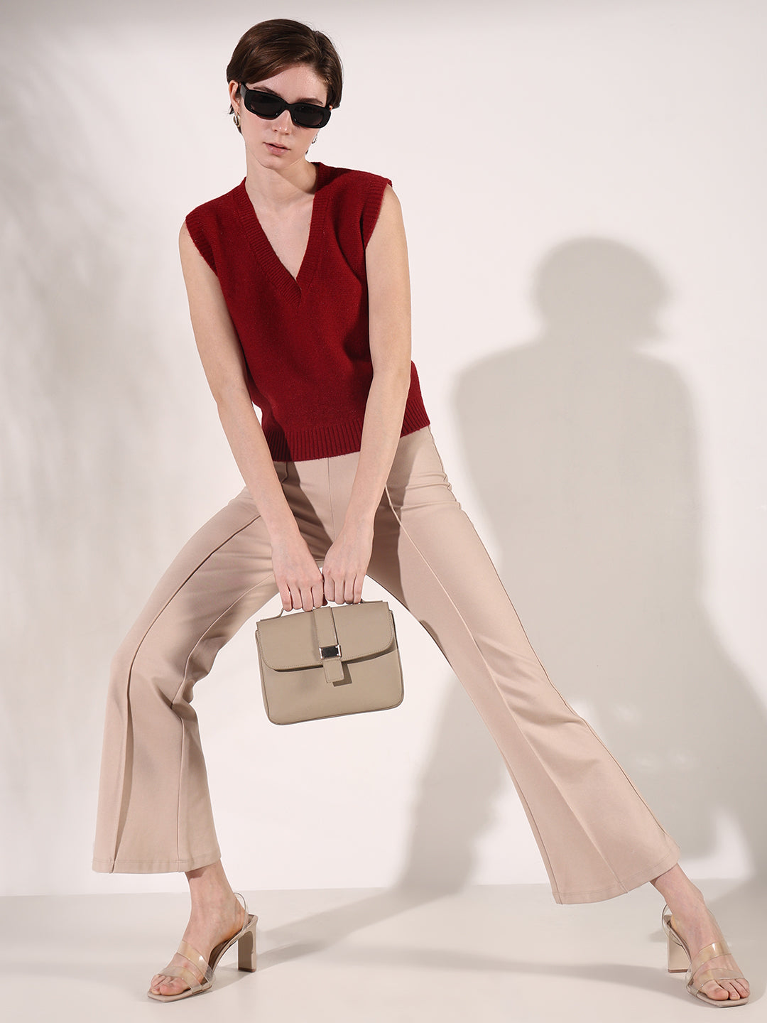 Women's Red V-Neck Sleeveless Top