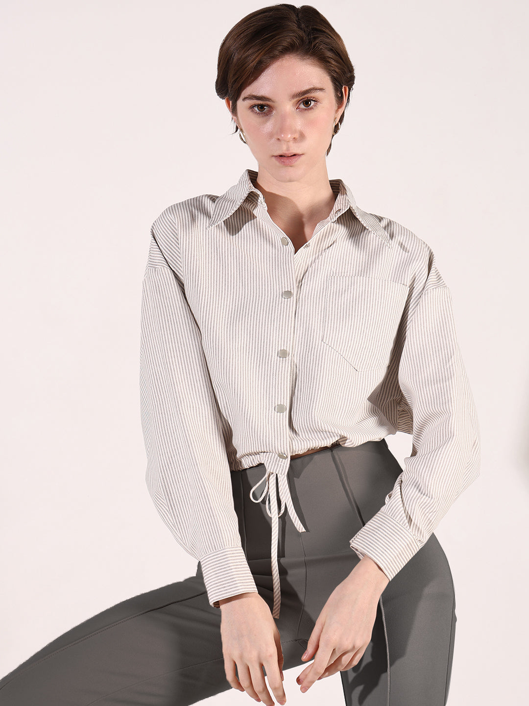 Women's Beige Striped Cotton Shirt Style Crop Top