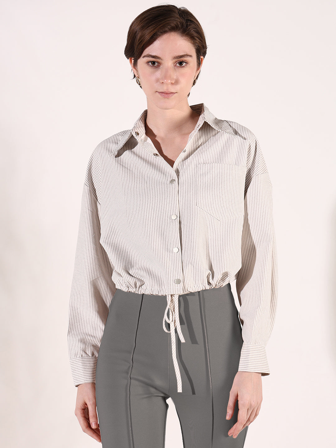 Women's Beige Striped Cotton Shirt Style Crop Top