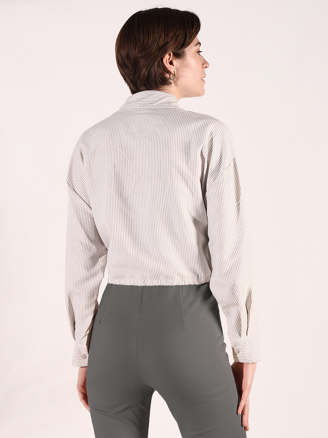 Women's Beige Striped Cotton Shirt Style Crop Top