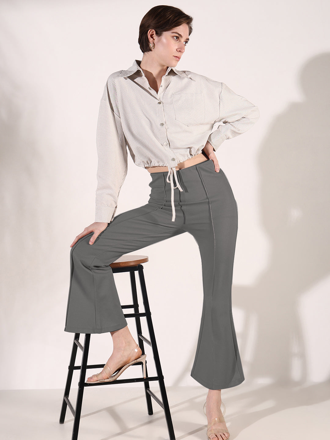 Women's Beige Striped Cotton Shirt Style Crop Top