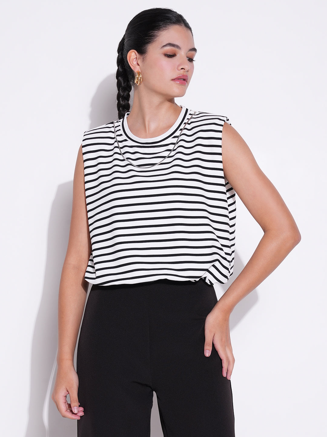 Women's White Striped Top with Chain