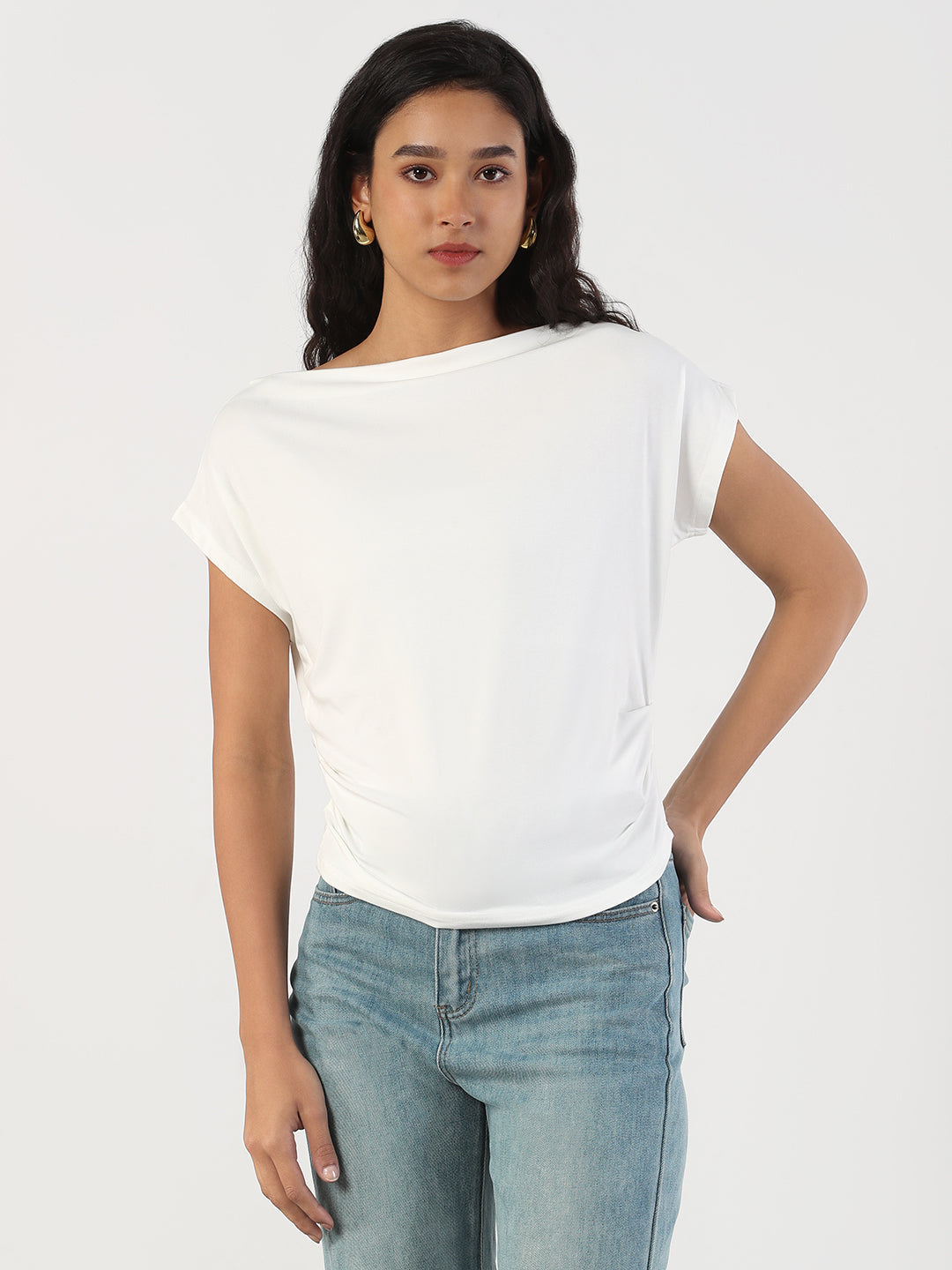 Women's Casual Solid Boat Neck White Top