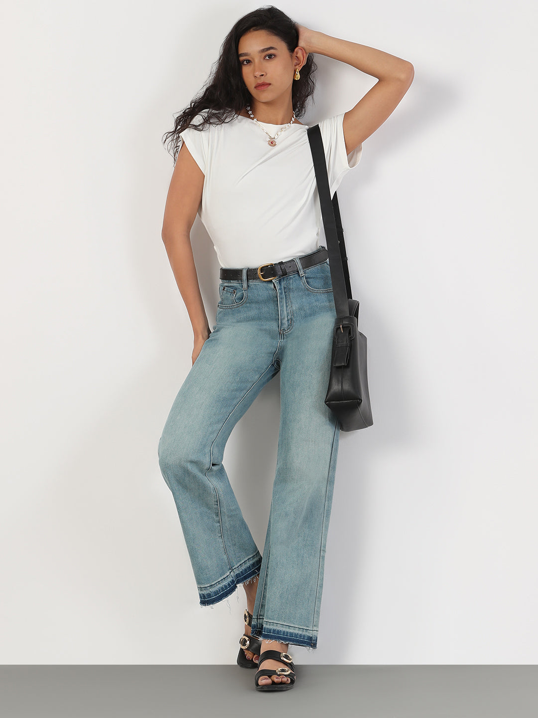 Women's Casual Solid Boat Neck White Top