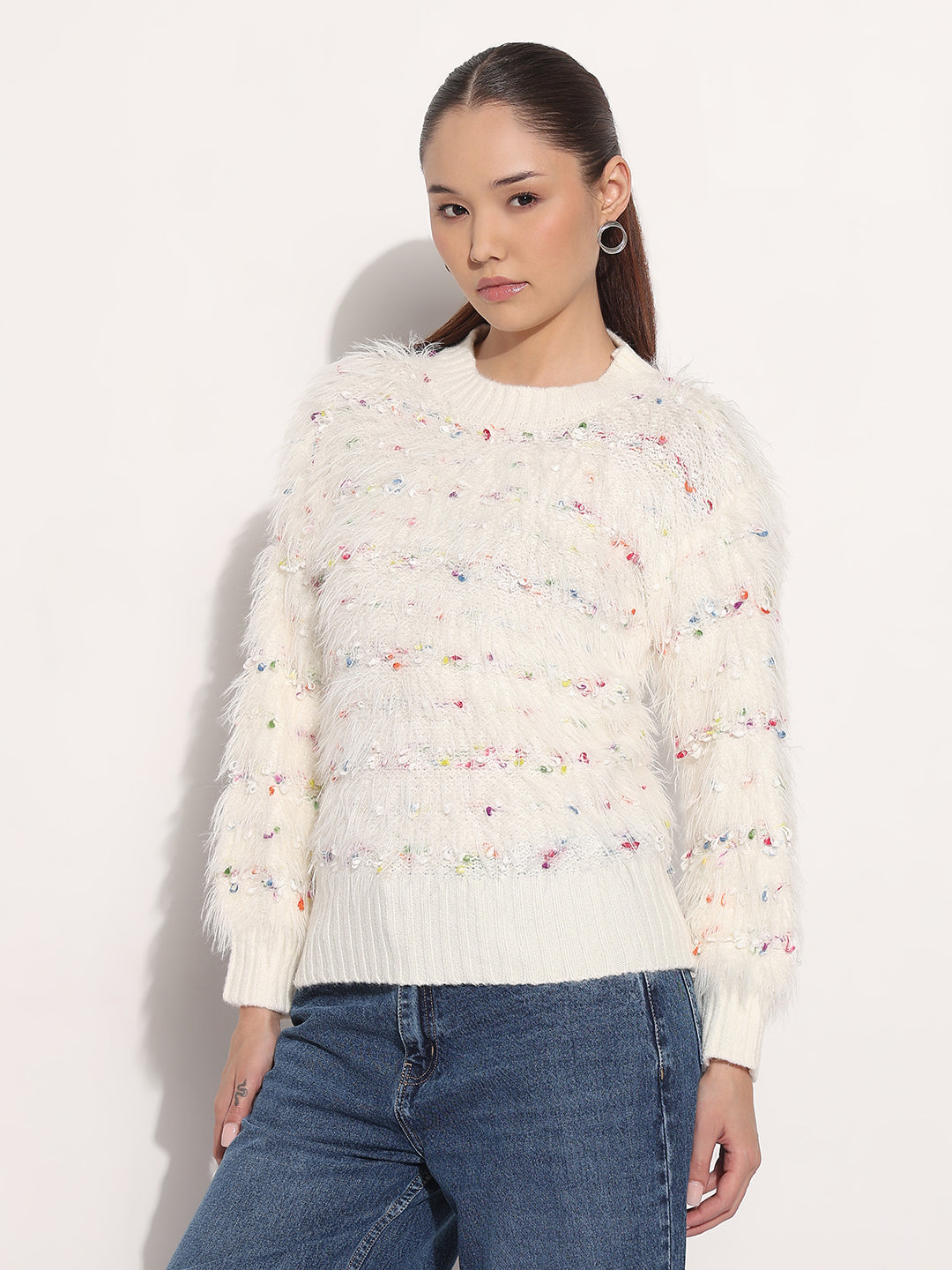 Women's Cream Round Neck Knitted Fuzzy Top