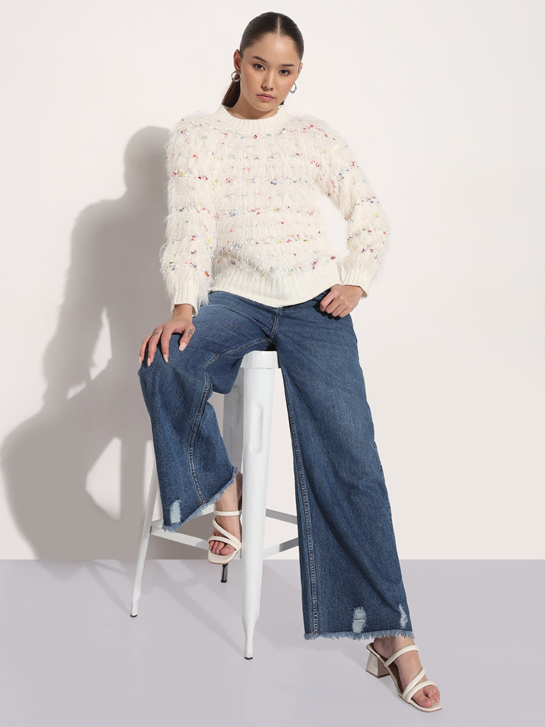 Women's Cream Round Neck Knitted Fuzzy Top