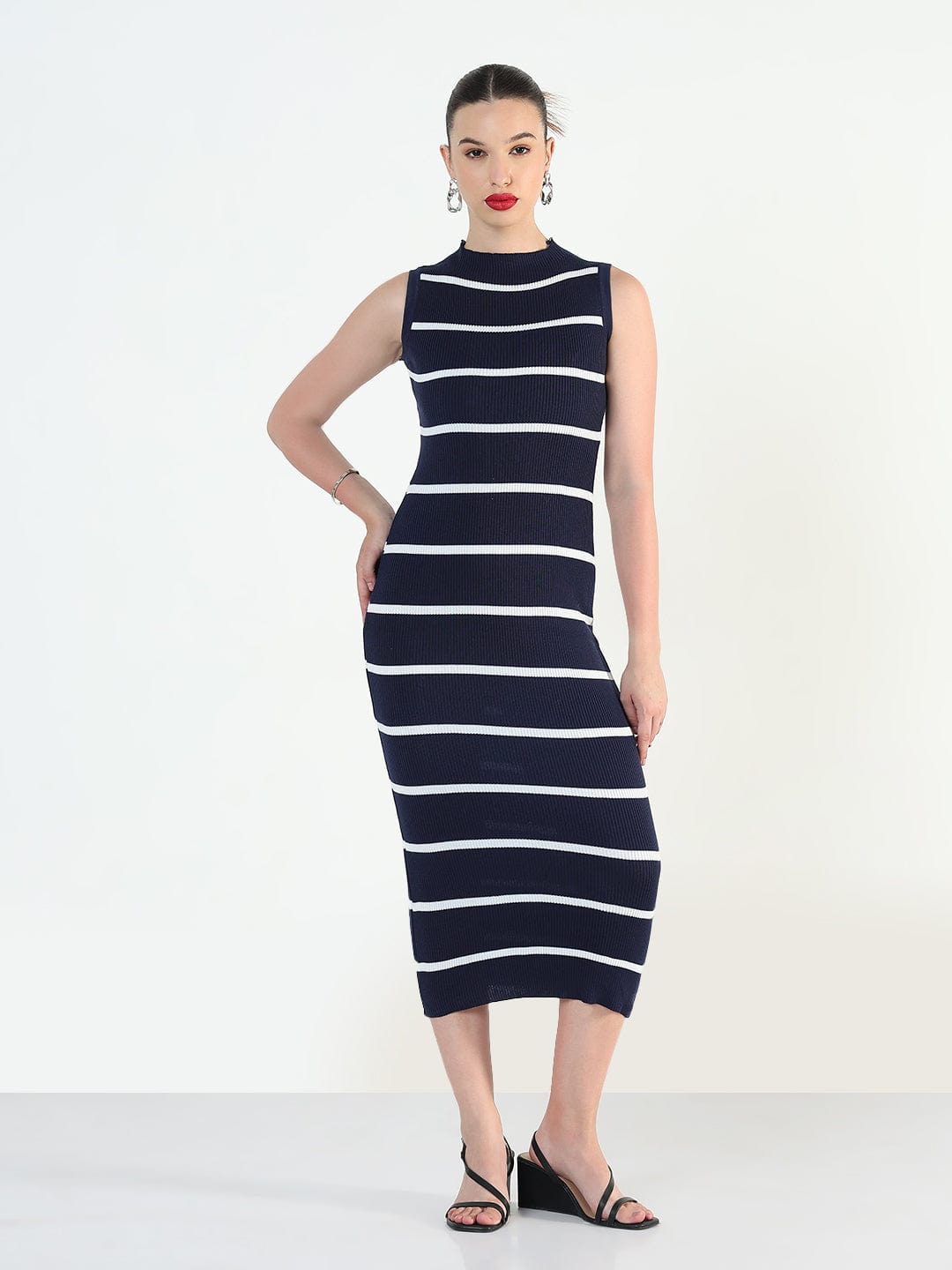Women's Ribbed Striped Navy Blue Midi Bodycon Dresses