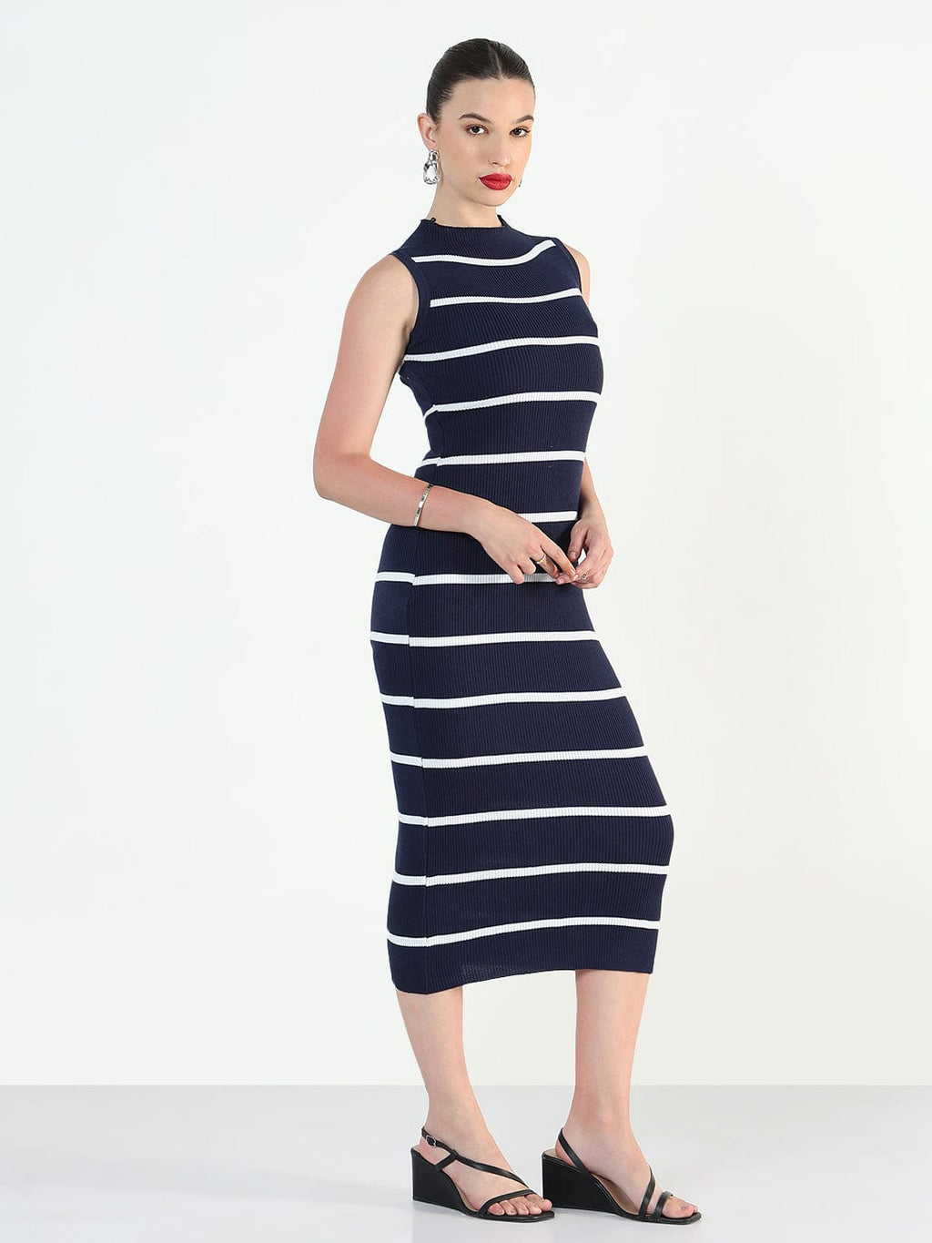 Women's Ribbed Striped Navy Blue Midi Bodycon Dresses