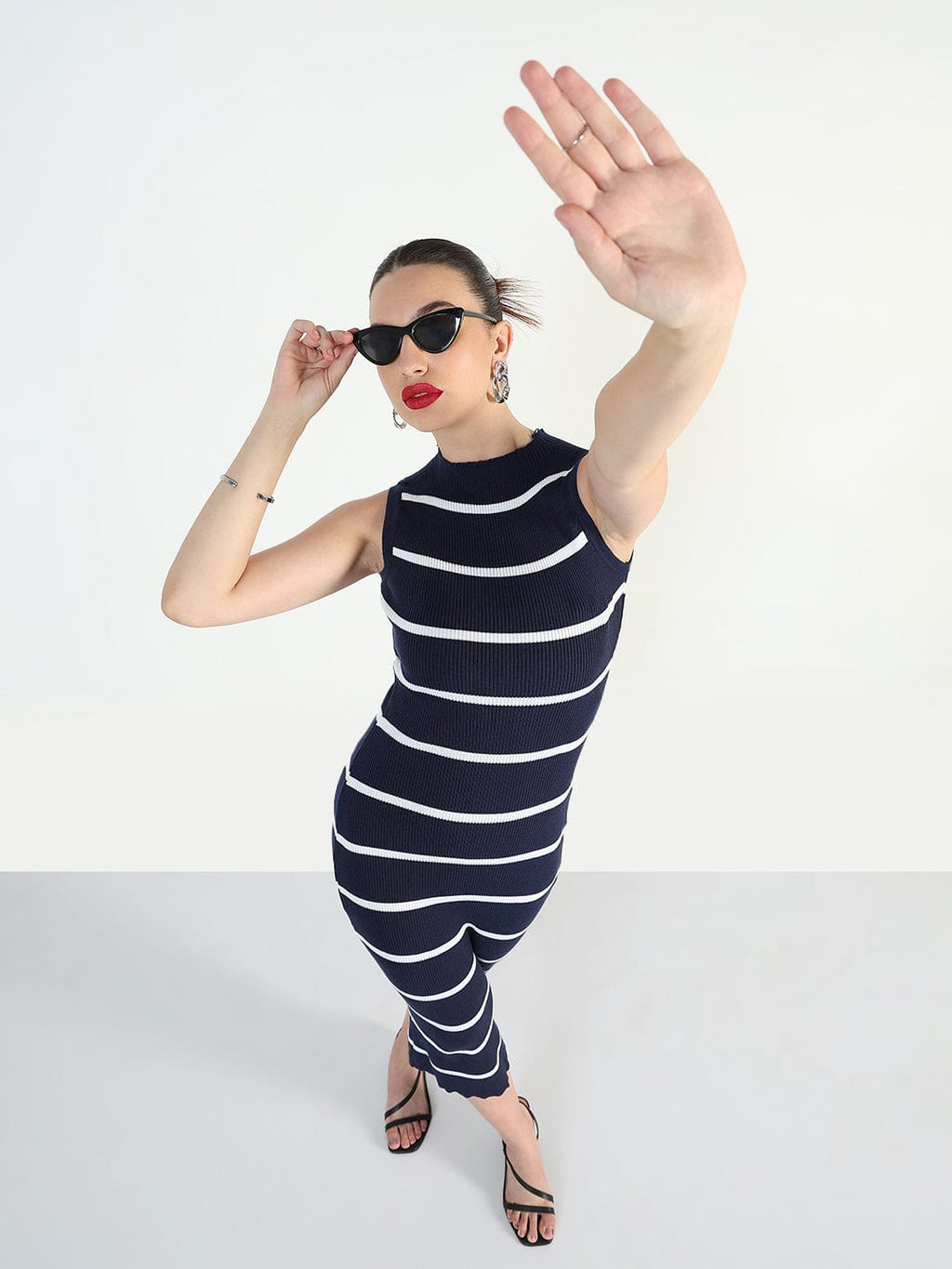 Women's Ribbed Striped Navy Blue Midi Bodycon Dresses