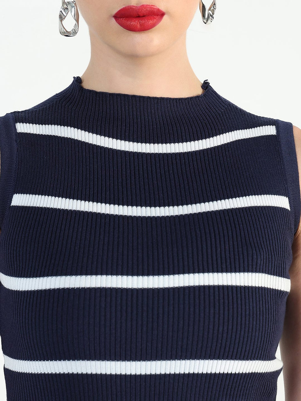 Women's Ribbed Striped Navy Blue Midi Bodycon Dresses