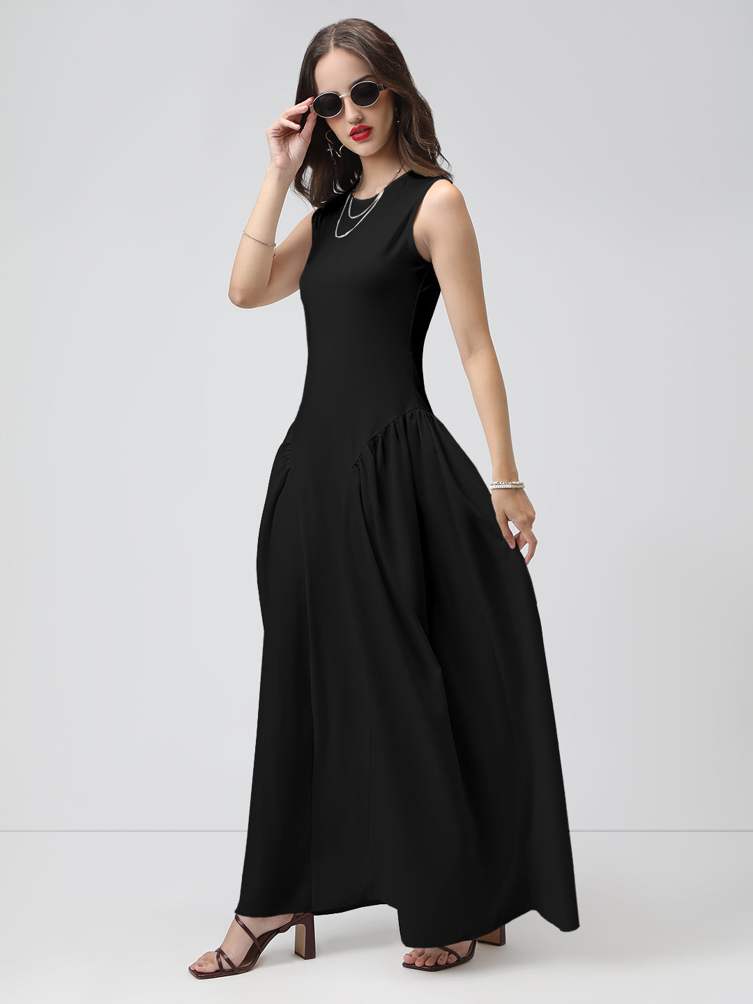 Women's Black Sleeveless Fit and Flare Maxi Dress