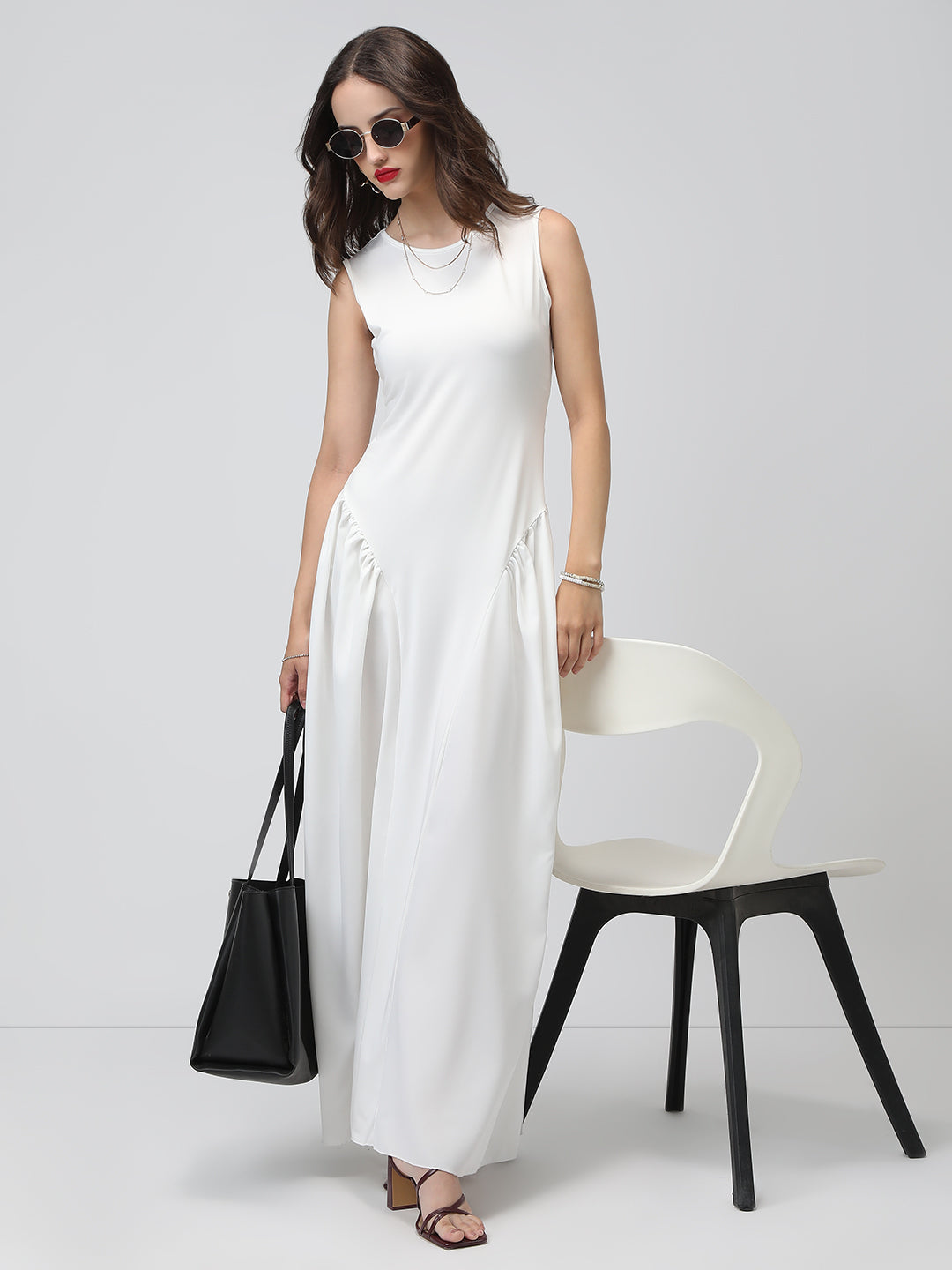 Women's White Sleeveless Fit and Flare Maxi Dress