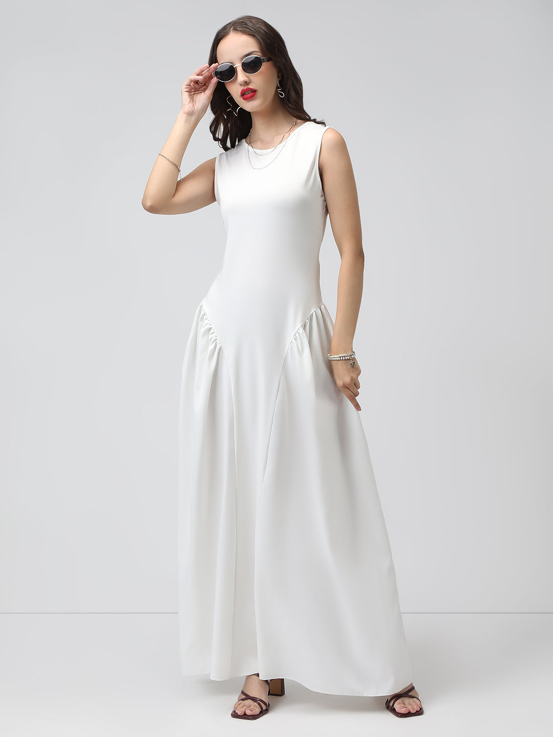 Women's White Sleeveless Fit and Flare Maxi Dress