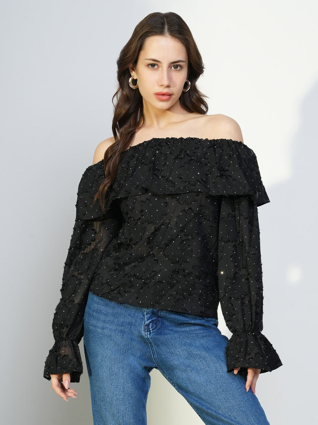 Women's Black Floral Embellished Off-Shoulder Puff Sleeve Layered Top