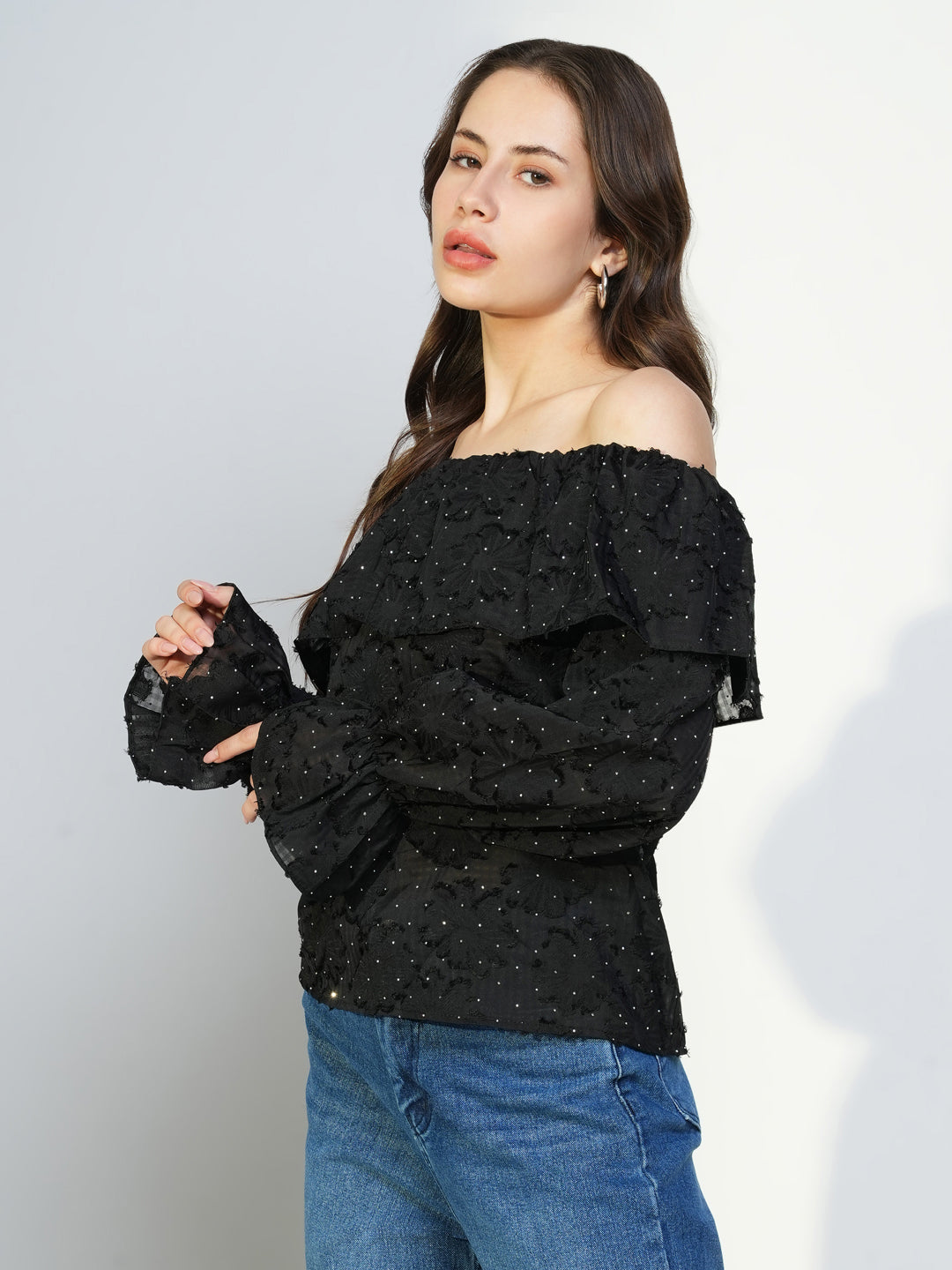 Women's Black Floral Embellished Off-Shoulder Puff Sleeve Layered Top