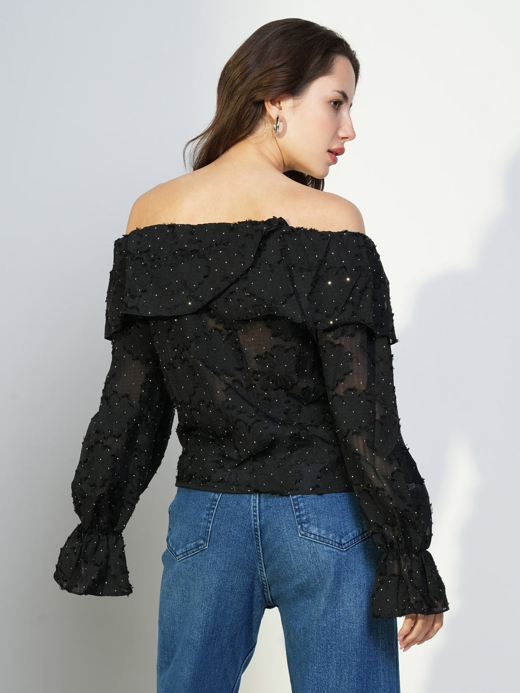 Women's Black Floral Embellished Off-Shoulder Puff Sleeve Layered Top