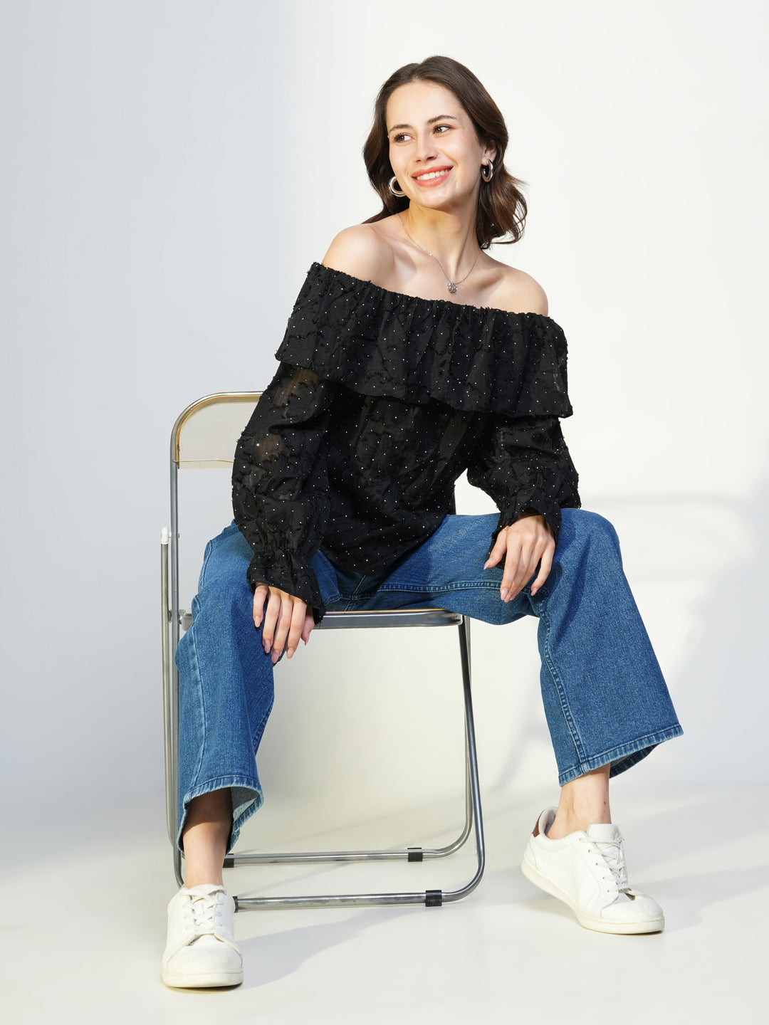 Women's Black Floral Embellished Off-Shoulder Puff Sleeve Layered Top