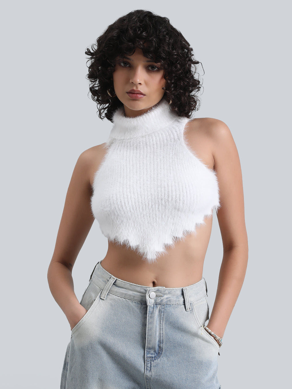 Women's White Fuzzy Ribbed Backless Halter Neck Crop Top