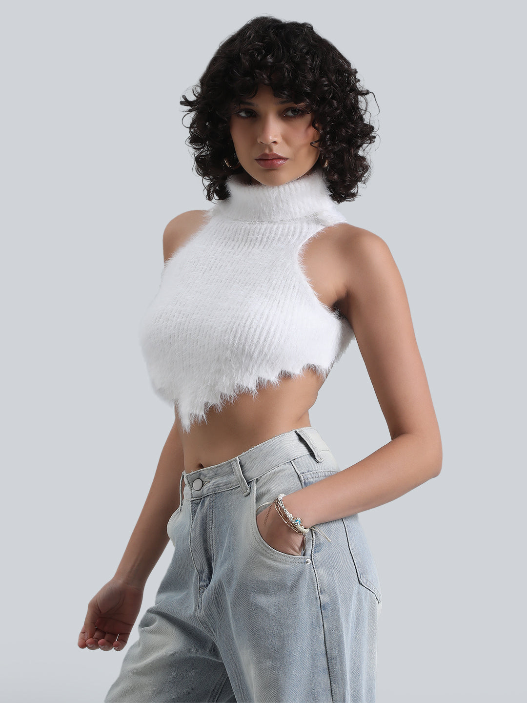Women's White Fuzzy Ribbed Backless Halter Neck Crop Top