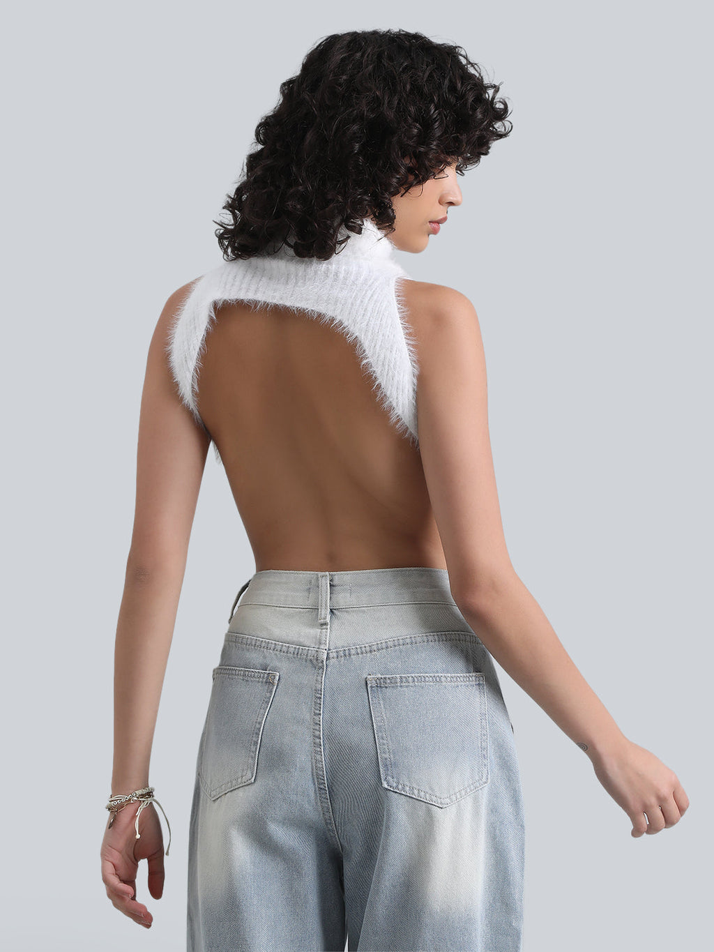Women's White Fuzzy Ribbed Backless Halter Neck Crop Top