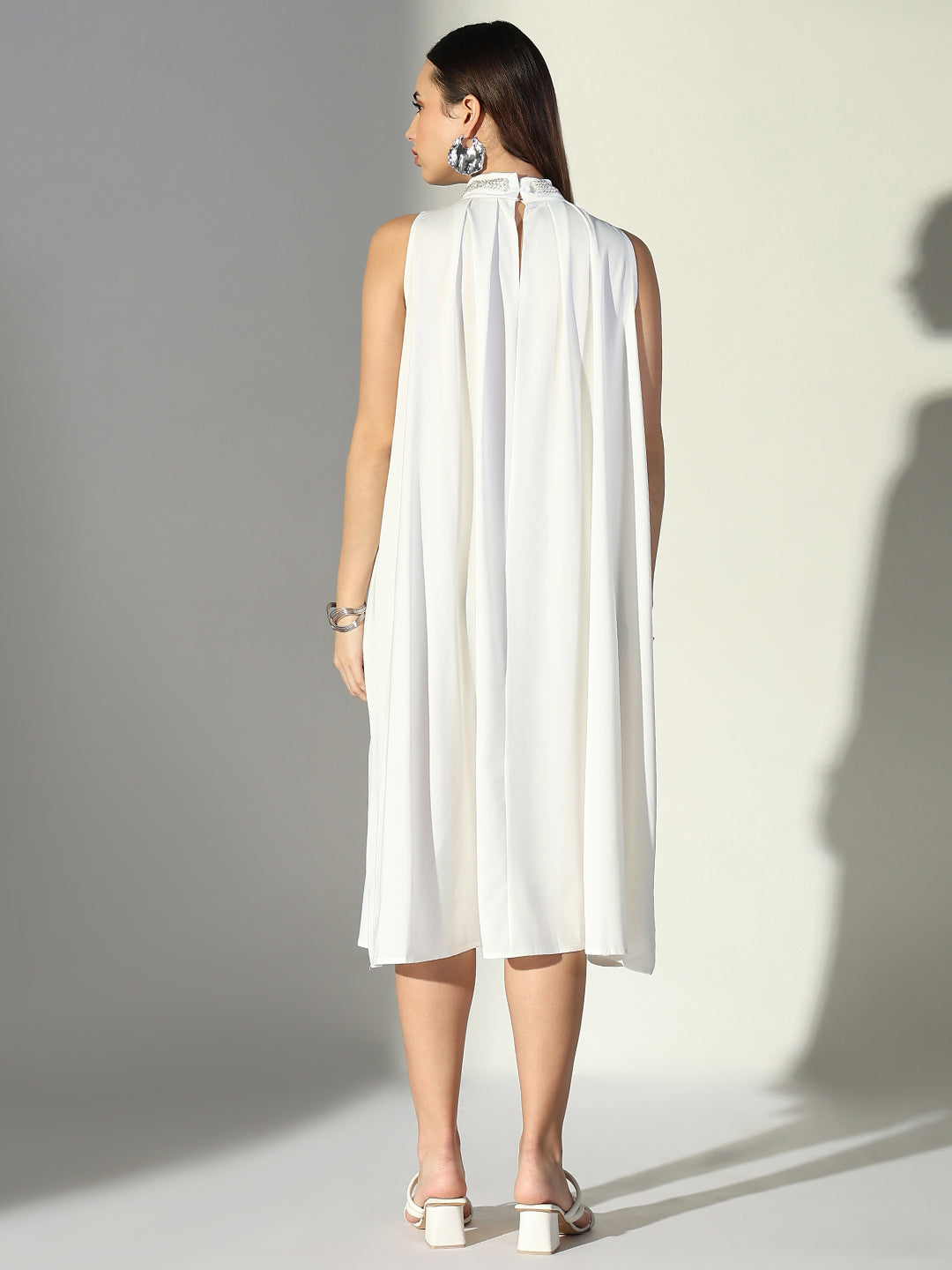 Women's Embellished Neck White Pleated Midi Dress