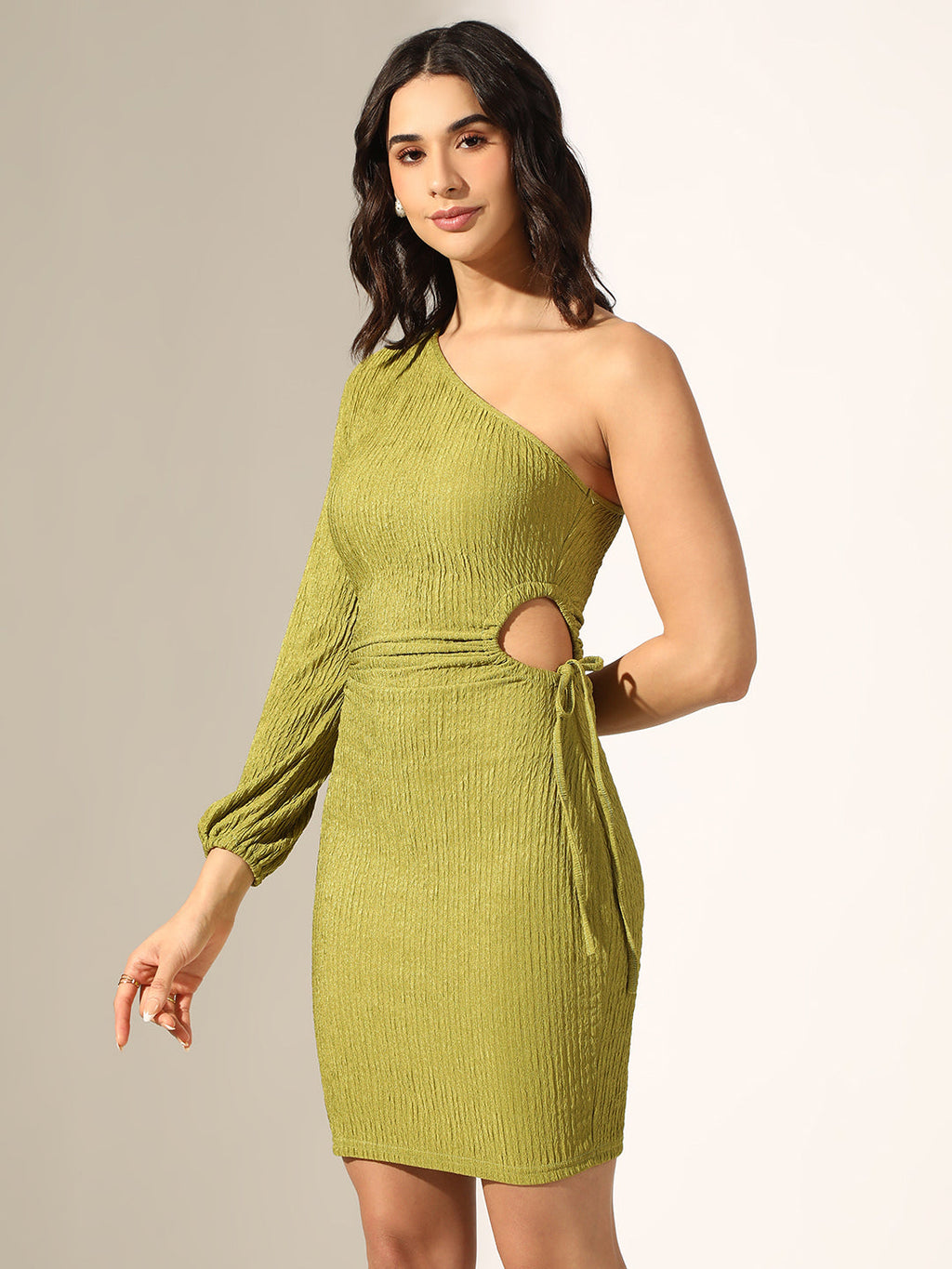 Women's Textured Green One-Shoulder Cut Out Bodycon Mini Dress