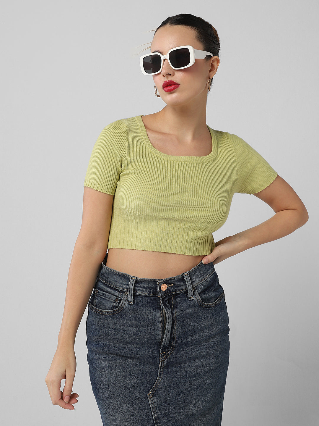 Women's Green Square Neck Fitted Crop Top