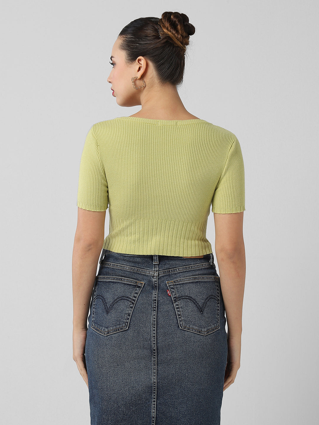 Women's Green Square Neck Fitted Crop Top