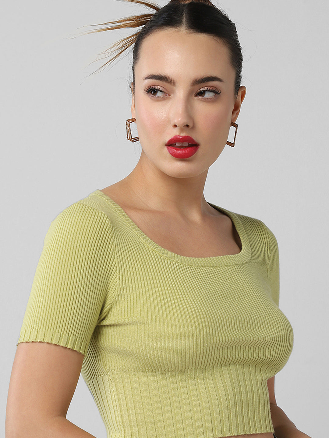 Women's Green Square Neck Fitted Crop Top