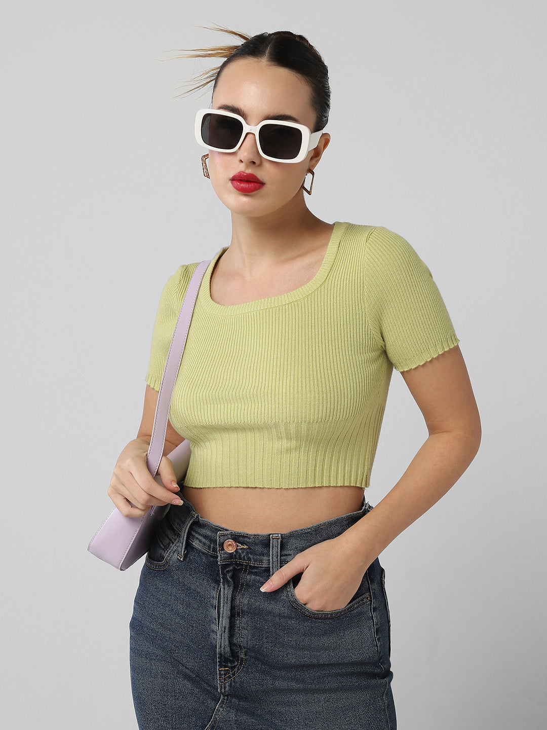 Women's Green Square Neck Fitted Crop Top