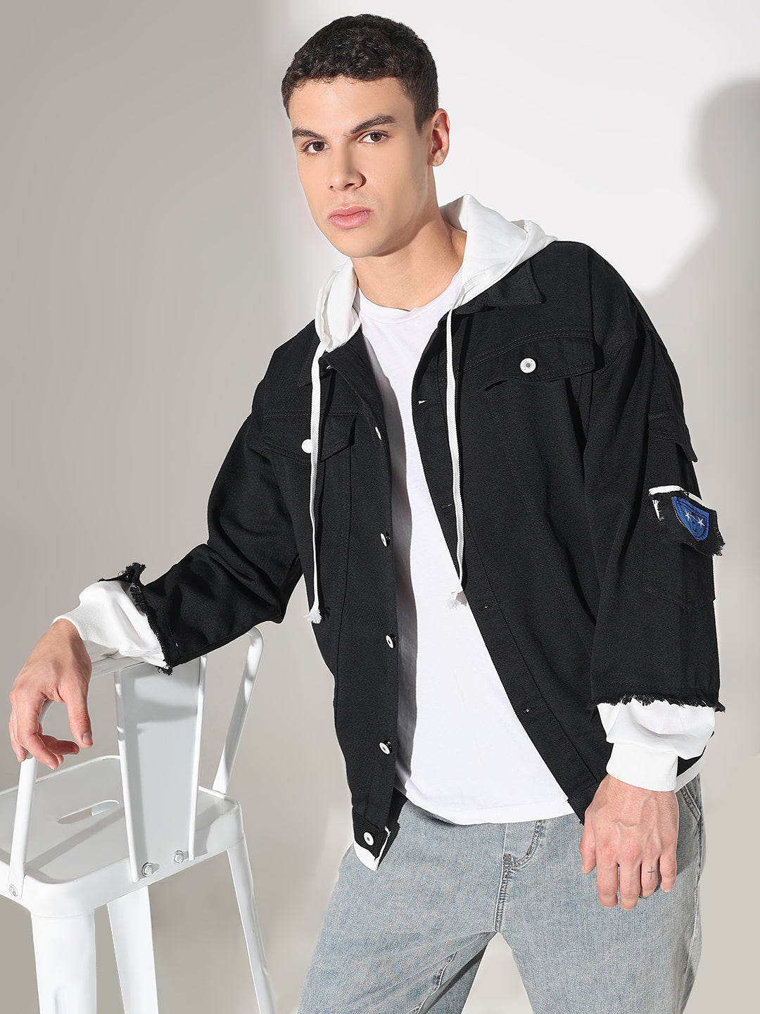 Men's Black Distressed Denim Layered Jacket with White Hood