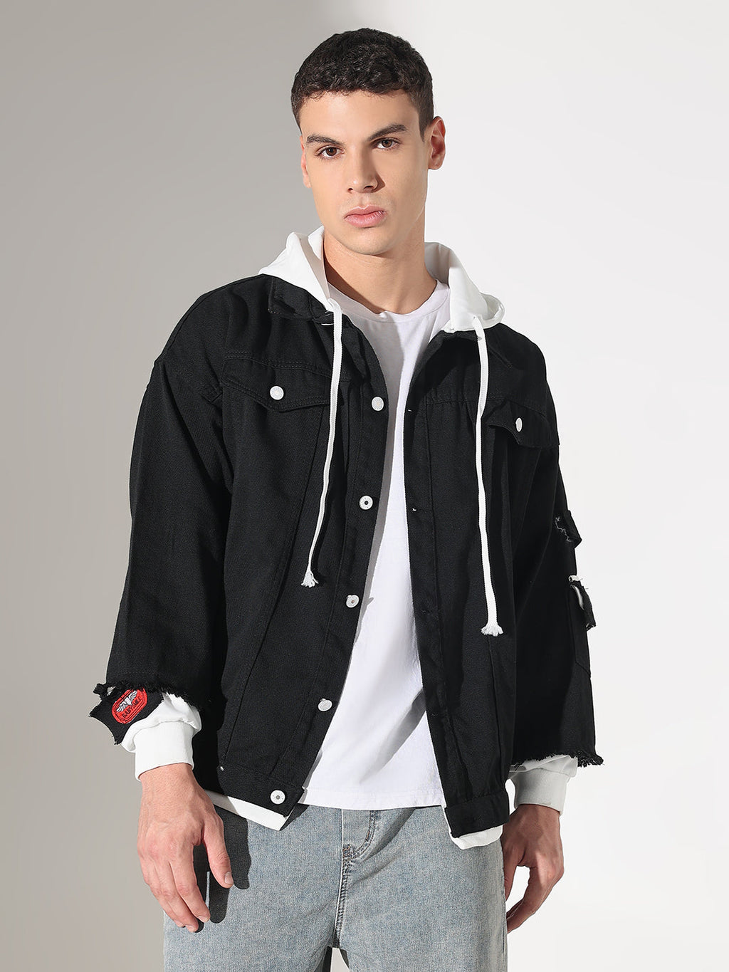 Men's Black Distressed Denim Layered Jacket with White Hood