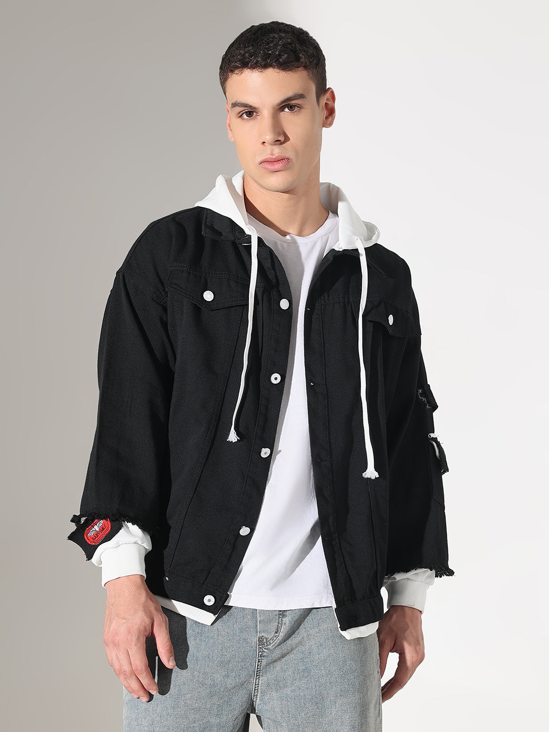 Men's Black Distressed Denim Layered Jacket with White Hood