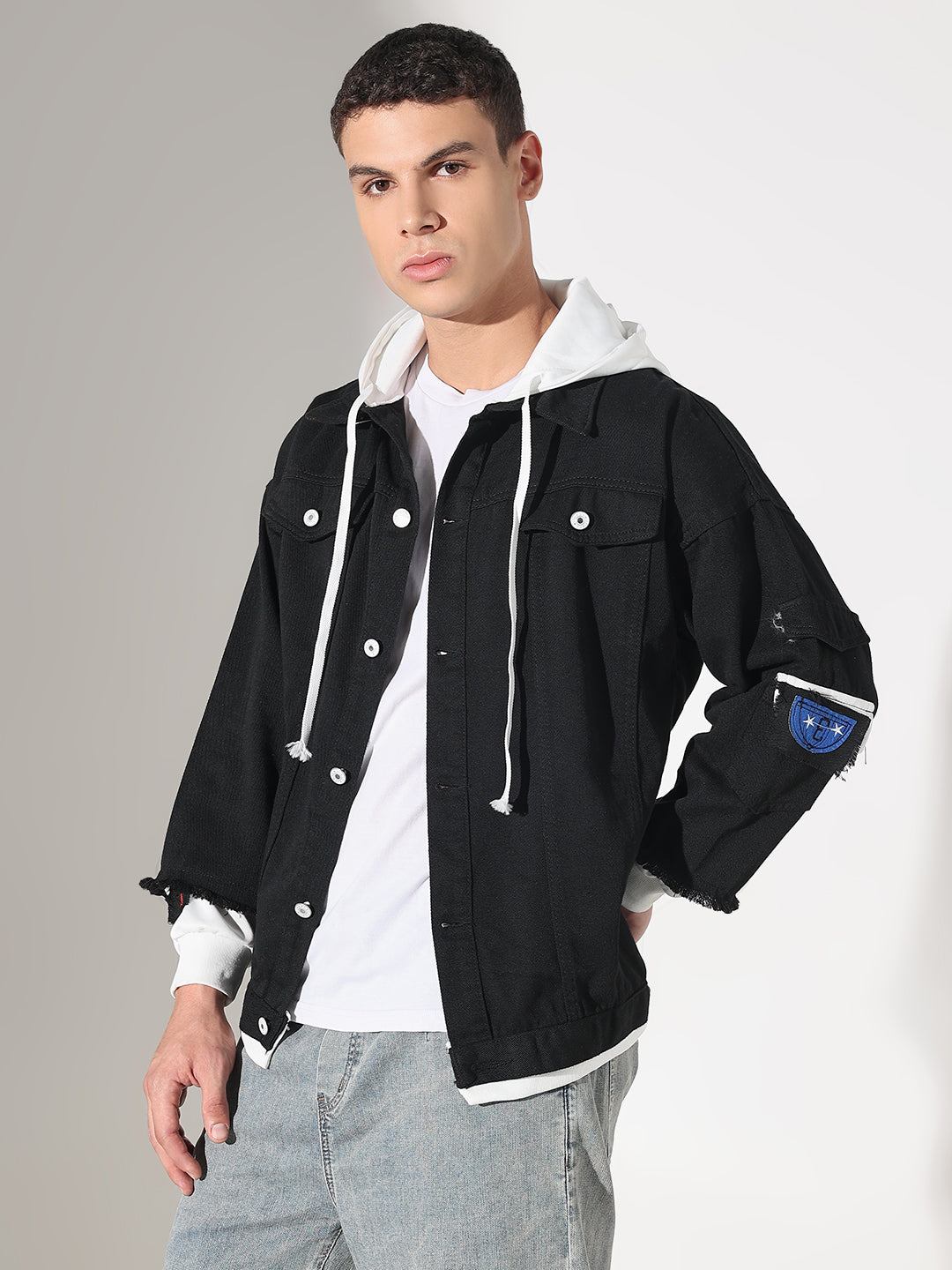Men's Black Distressed Denim Layered Jacket with White Hood