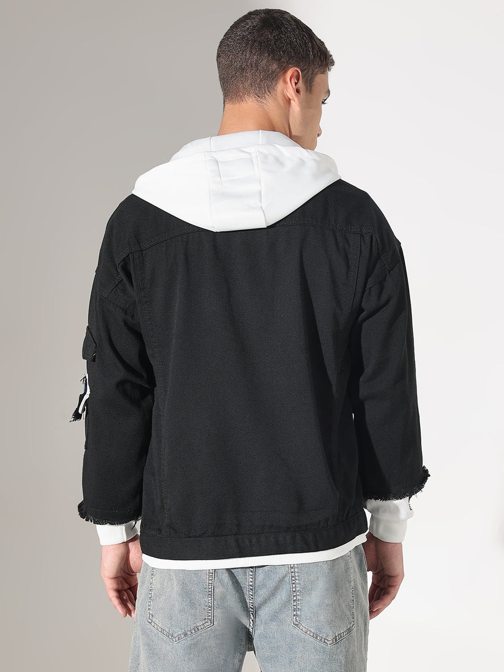Men's Black Distressed Denim Layered Jacket with White Hood