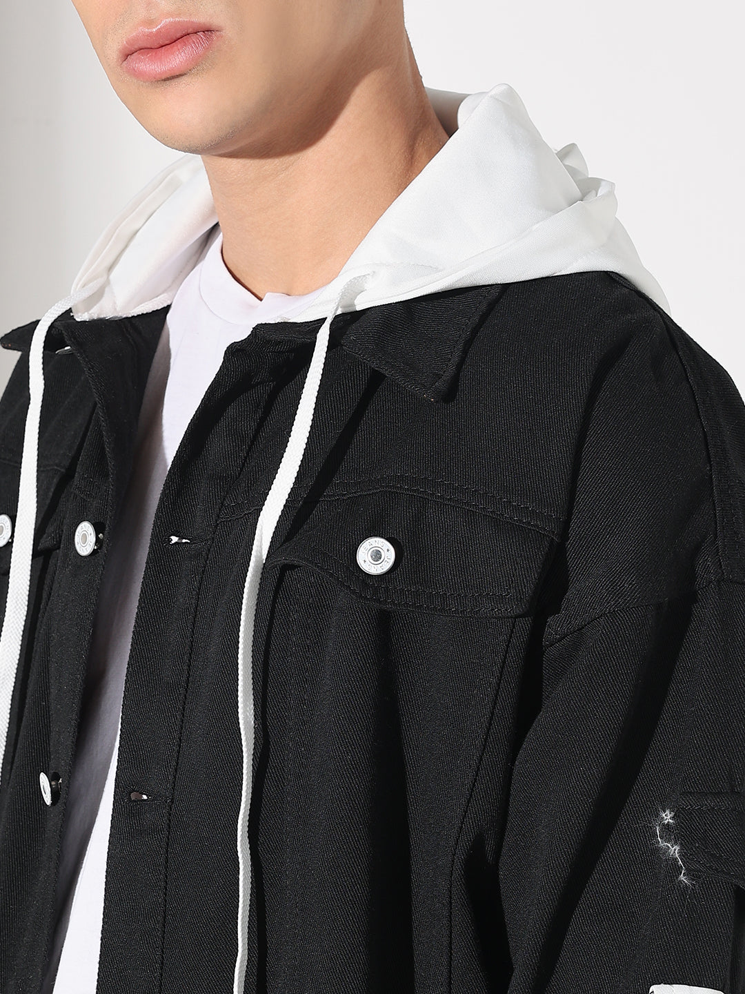 Men's Black Distressed Denim Layered Jacket with White Hood