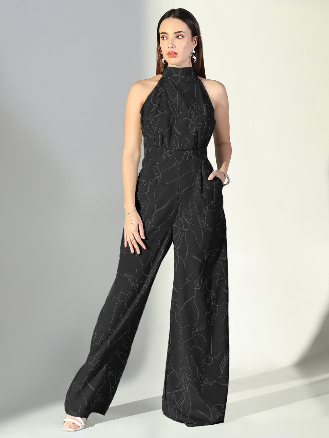 Women's Abstract Print Black Halter Neck Jumpsuit