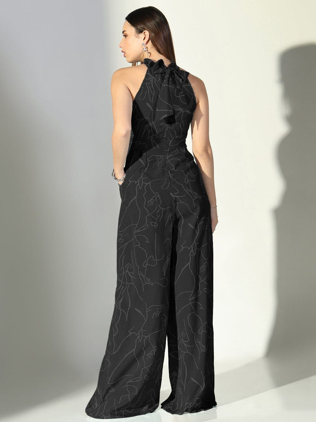 Women's Abstract Print Black Halter Neck Jumpsuit