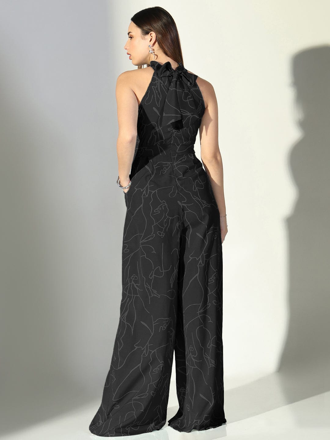 Women's Abstract Print Black Halter Neck Jumpsuit