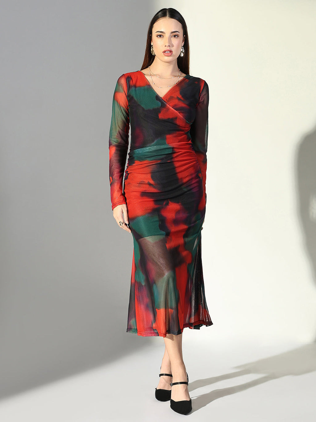 Women's Net Ruched Orange V-Neck Full Sleeves Midi Dress