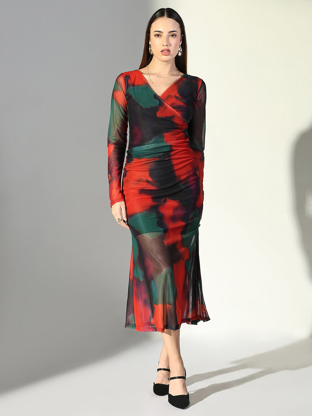 Women's Net Ruched Orange V-Neck Full Sleeves Midi Dress