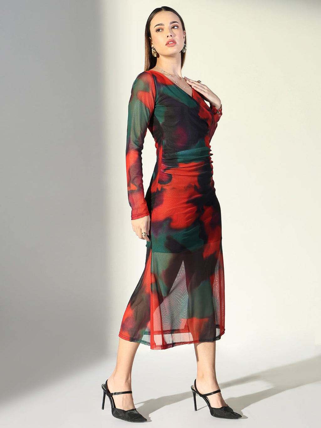 Women's Net Ruched Orange V-Neck Full Sleeves Midi Dress