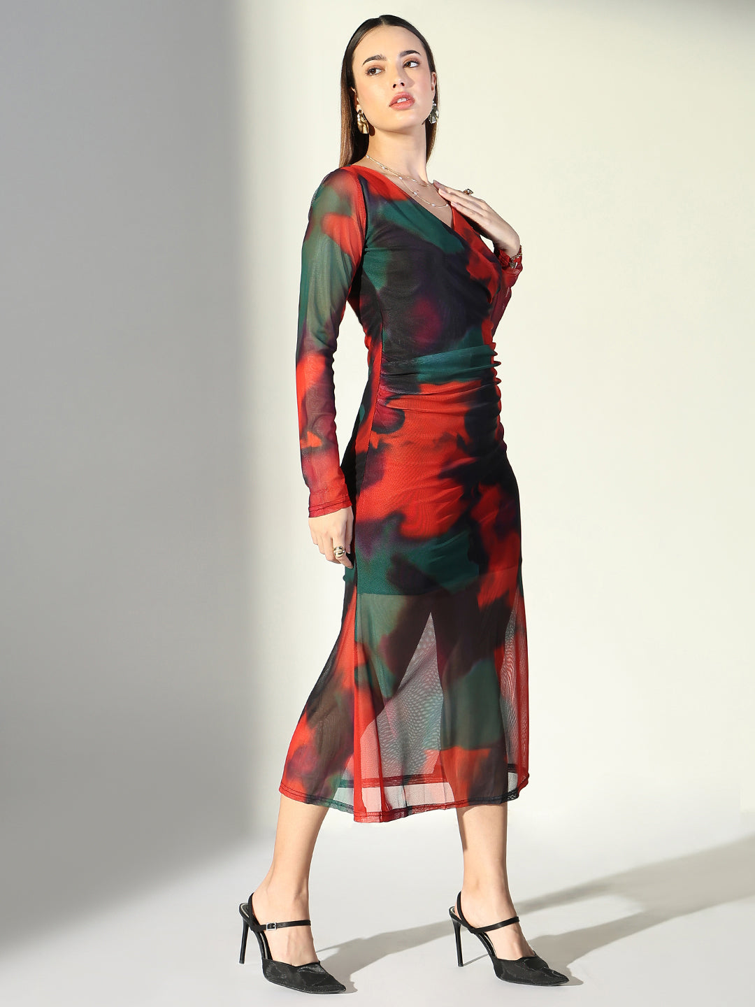 Women's Net Ruched Orange V-Neck Full Sleeves Midi Dress