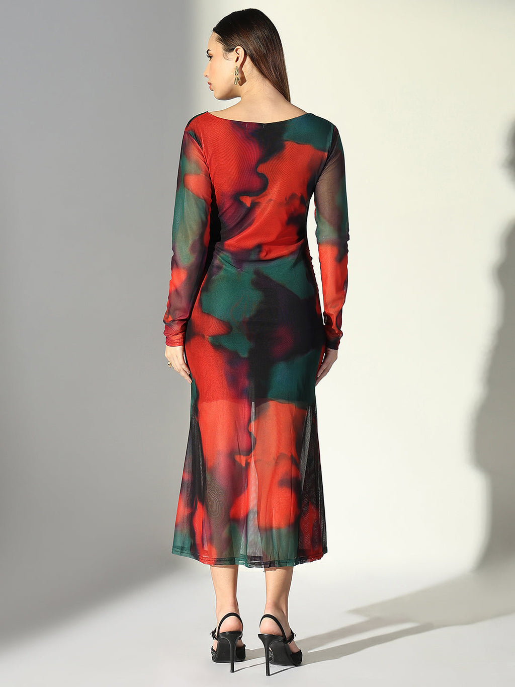 Women's Net Ruched Orange V-Neck Full Sleeves Midi Dress