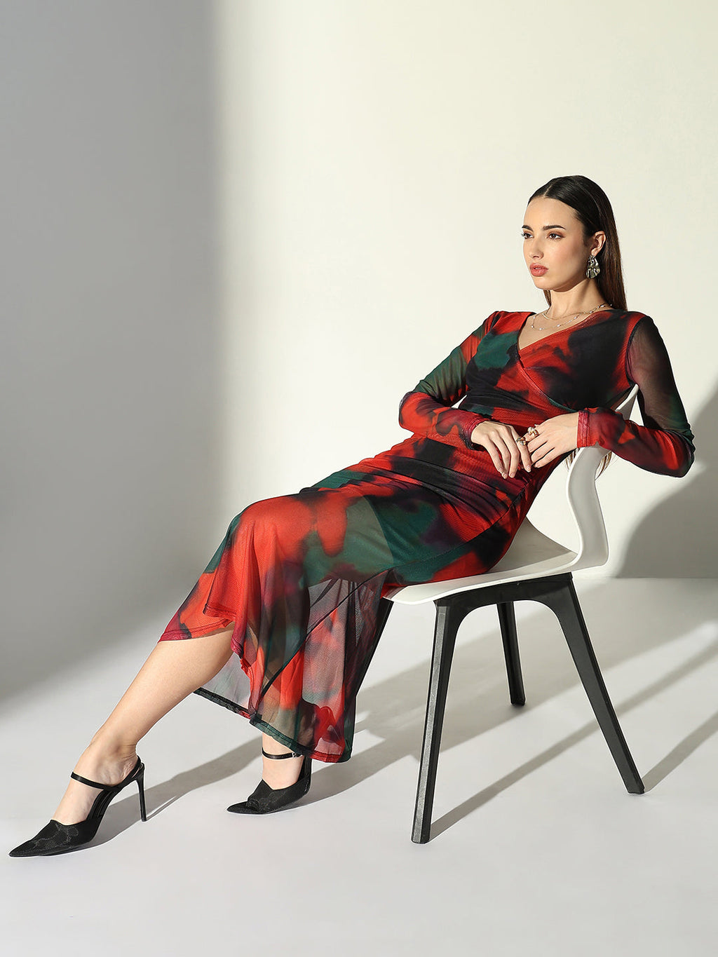 Women's Net Ruched Orange V-Neck Full Sleeves Midi Dress