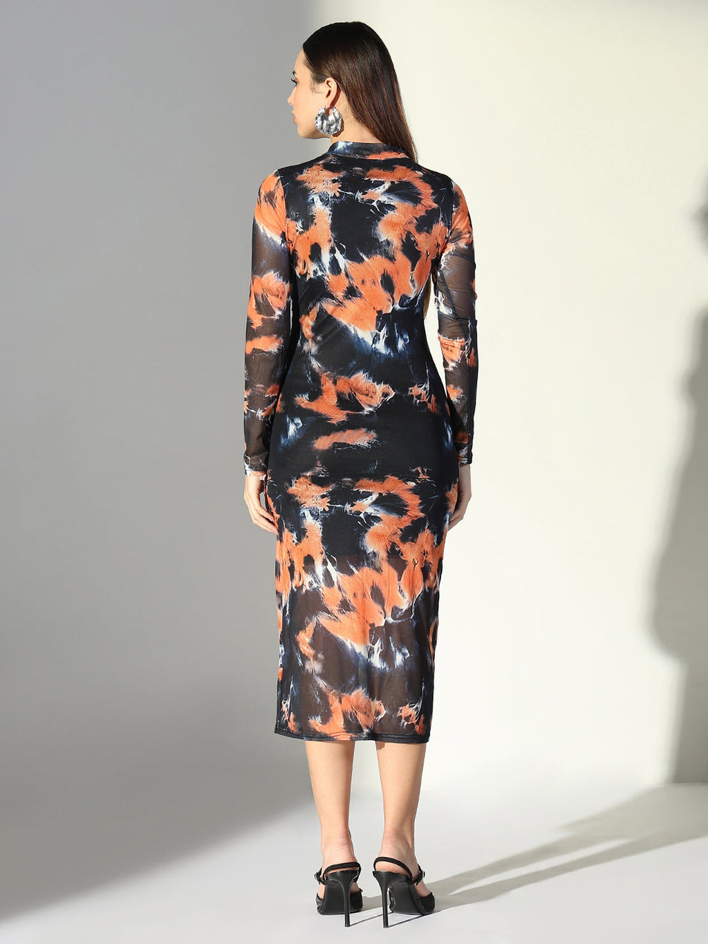Women's Abstract Print Black High Neck Full Sleeves Bodycon Dress