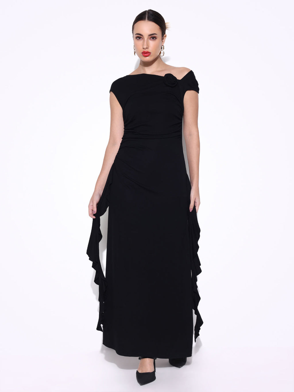 Women's Ruched Black off Shoulder Dress with Flower Ruffles