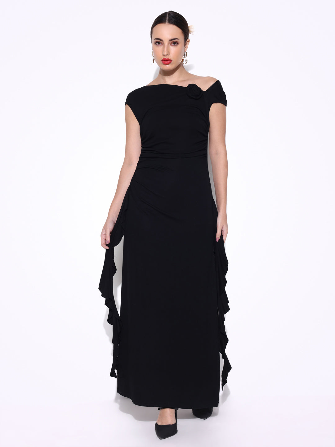 Women's Ruched Black off Shoulder Dress with Flower Ruffles