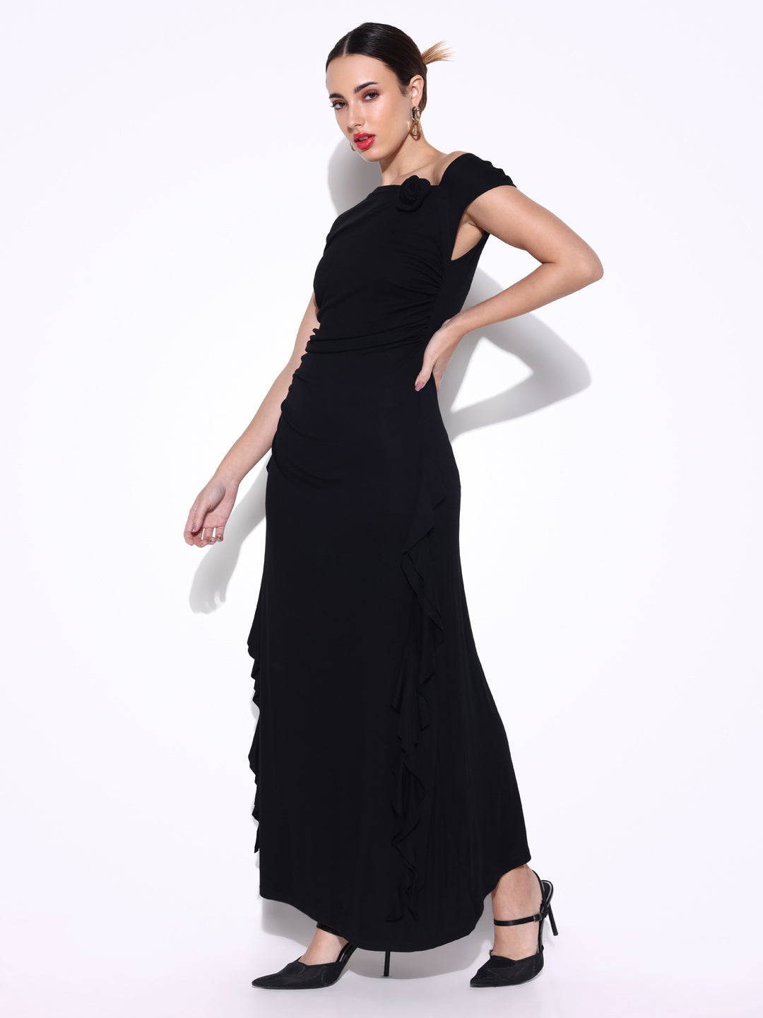Women's Ruched Black off Shoulder Dress with Flower Ruffles